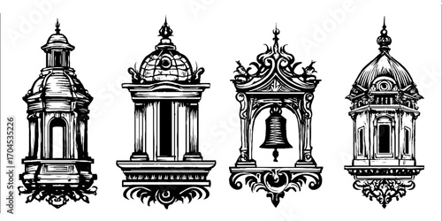 Intricate baroque bell tower designs in engraving style for decorative projects
