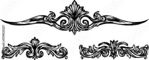 Elegant baroque bridge design elements in engraving style for decorative use