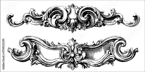 Ornate baroque palace door decorations in engraving style for vintage design