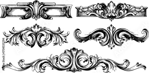 Decorative engraving style set of ornate baroque scroll elements for design