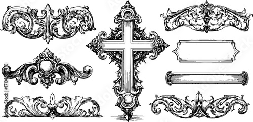 Ornate byzantine mosaic inspired decorative borders and elements in engraving style