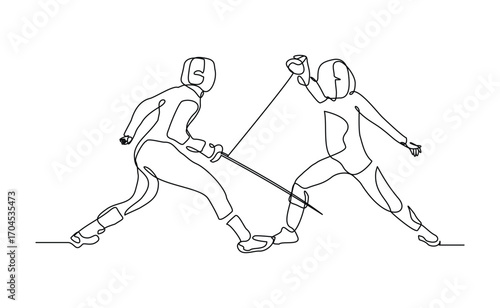 Continuous line sketch drawing of fencer athlete fighting with sword rapier and safety helmet costume. Sport competition editable stroke vector illustration