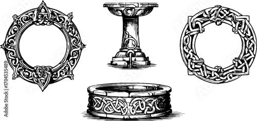 Decorative celtic stone well set in engraving style for design and arts