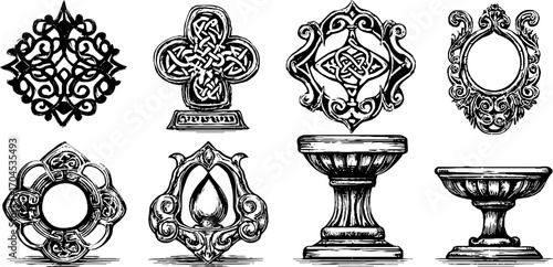 Celtic stone well decorative elements in engraving style for design and decoration