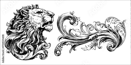 Engraving style decorative set featuring eagle and lion hybrid design for artistic projects