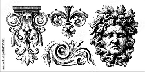 Decorative engraving set featuring egyptian pharaoh motifs and ornamental designs for artistic projects