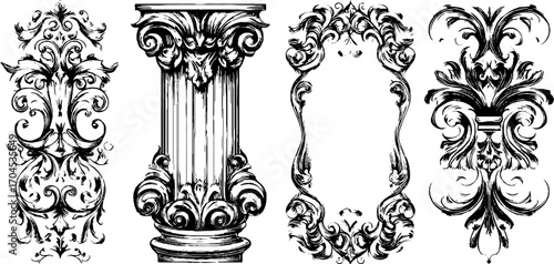 Ornate egyptian pylons and decorative elements in vintage engraving style for design projects