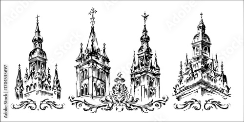 Gothic cathedral engravings set – decorative architecture sketches for artistic design