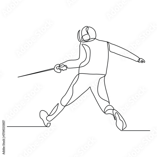 Continuous line sketch drawing of fencer athlete fighting with sword rapier and safety helmet costume. Sport competition editable stroke vector illustration