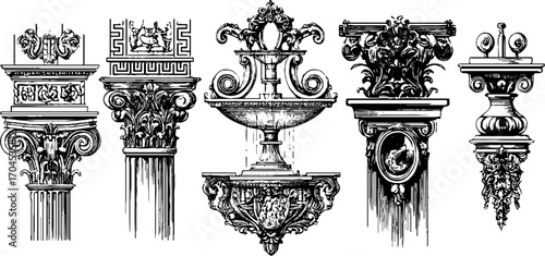 Decorative set of greek fountains and columns in engraving style for artistic design
