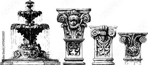 Elegant decorative engravings of greek fountains and columns for design and decor