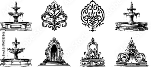 Intricate engraving style decorative elements inspired by islamic courtyard fountains