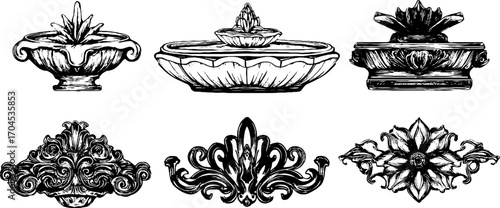 Decorative islamic courtyard elements in engraving style for design projects