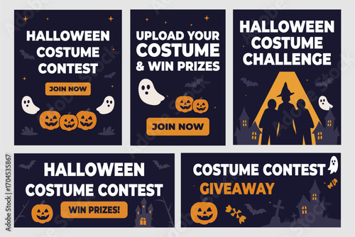 Set of Halloween Costume Contest and Giveaway Banners – Flat Vector Design