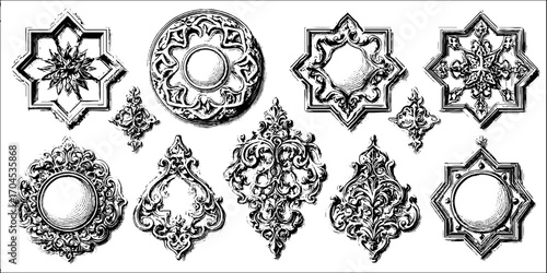 Intricate islamic geometric decorative set in engraving style for design and art projects