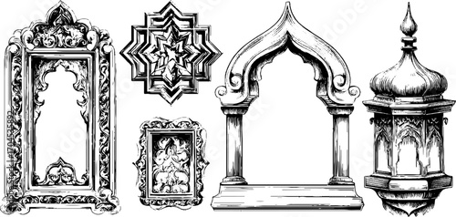 Islamic geometric decorative elements in engraving style for design