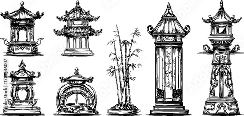 Decorative japanese koi pond elements in vintage engraving style for design