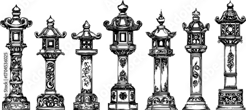 Decorative japanese lanterns in engraving style for cultural design projects