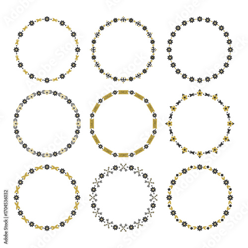 Cute trendy empty and blank black and golden lovely beautiful circle floral border pattern emblems icons design elements set on white background