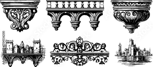 Ornate medieval fortress elements in engraving style for design and decoration