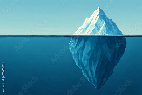 A stylized illustration of an iceberg floating in the ocean, with the massive underwater section visible below the surface. Highlights the contrast between the small visible tip and a vast hidden base