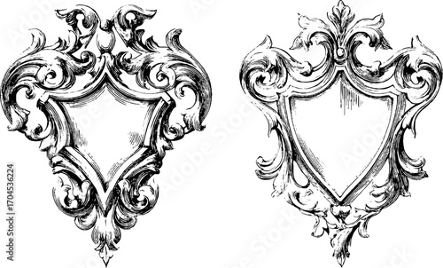 Ornate heraldic shields in engraving style - perfect for medieval design and decoration