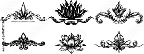 Engraving style decorative floral set inspired by mughal garden design for art and craft projects