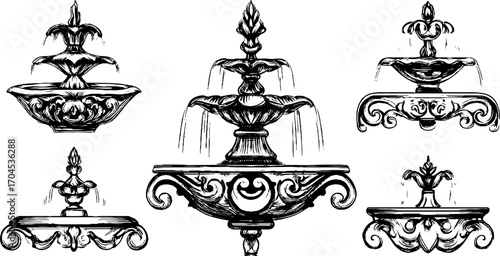 Mughal garden fountain collection in engraving style for decorative design