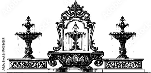 Ornate mughal garden fountain set in vintage engraving style for decorative design