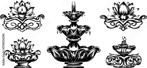 Ornate mughal garden fountain set in engraving style for decorative design