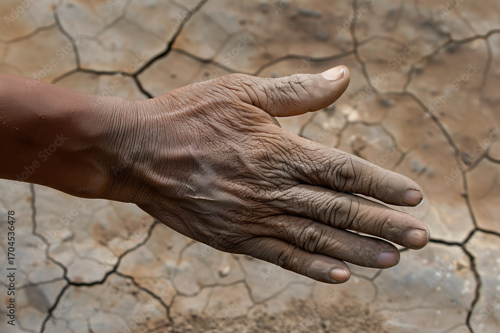 Fototapeta premium Weathered Hand Over Dry, Cracked Earth Representing Drought