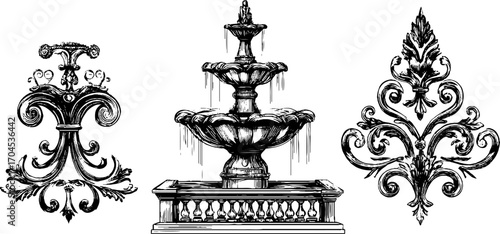 Intricate engraving style decorative set featuring ottoman palace fountains and flourishes