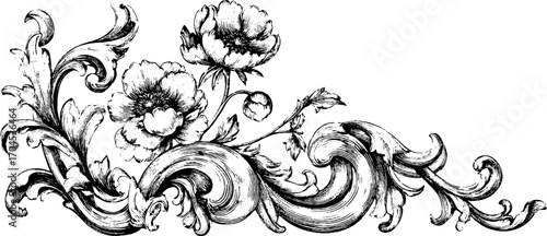 Ornate peony blossom design in engraving style for decorative art and vintage decor