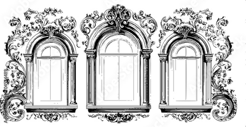 Ornate renaissance arched windows set for decorative design