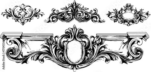 Intricate roman pilasters and ornamental designs in engraving style for decorative use
