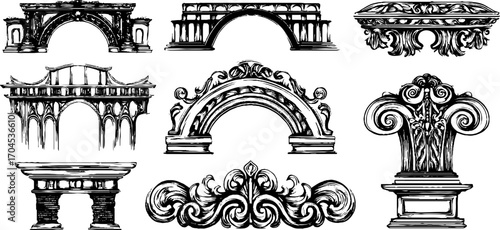 Decorative engraving style set of roman stone arches and columns design for architecture