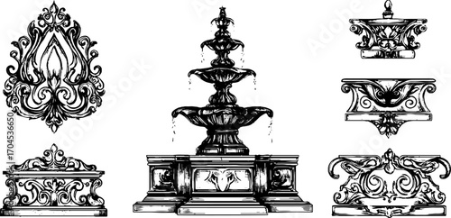 Vintage decorative tiered stone fountain set in engraving style for design