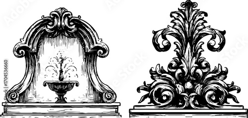 Ornate victorian cast iron decoratives in engraving style for design projects