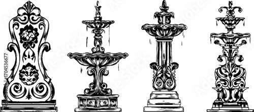 Victorian cast iron decorative set in engraving style for vintage design projects