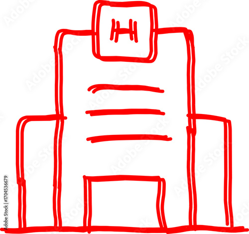 Hand-drawn red doodle of a hospital building with an "H" sign, symbolizing healthcare, medical services, emergency, and treatment. Ideal for health and medicine themes.
