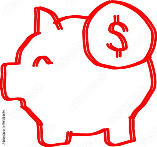 Hand-drawn red doodle of a piggy bank with a dollar coin, symbolizing money saving, finance, investment, budget, and wealth management. Perfect for business and economy themes.