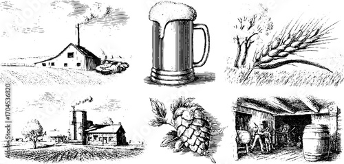 Vintage brewing scenes collection: hand drawn engraving style illustrations for rustic design