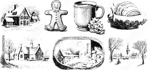 Vintage holiday scenes and objects set for festive design and decor