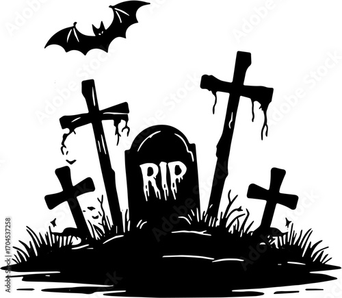 black and white vector illustration of a tombstone, Halloween themed