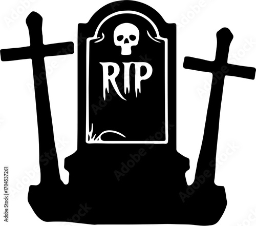 black and white vector illustration of a tombstone, Halloween themed