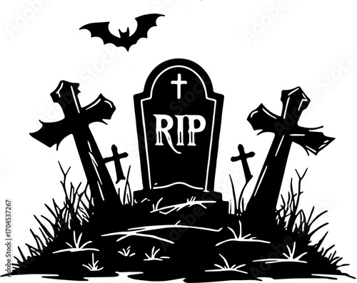black and white vector illustration of a tombstone, Halloween themed