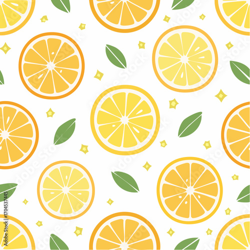 Seamless Pattern of Orange and Lemon Slices with Green Leaves on White Background