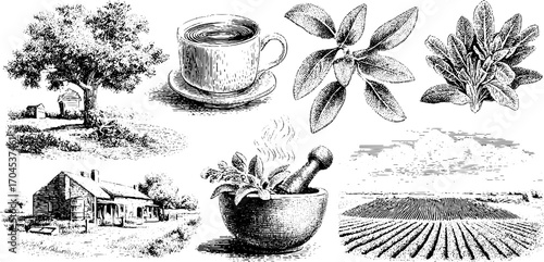 Rustic countryside and herbal elements in engraving style for vintage design projects