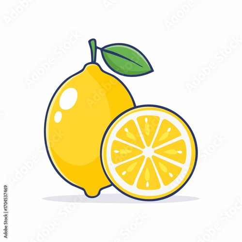 Fresh Yellow Lemon and Cross Section with Green Leaf