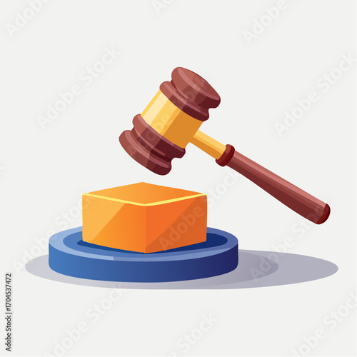 Brown Gavel Striking Orange Block on Blue Platform